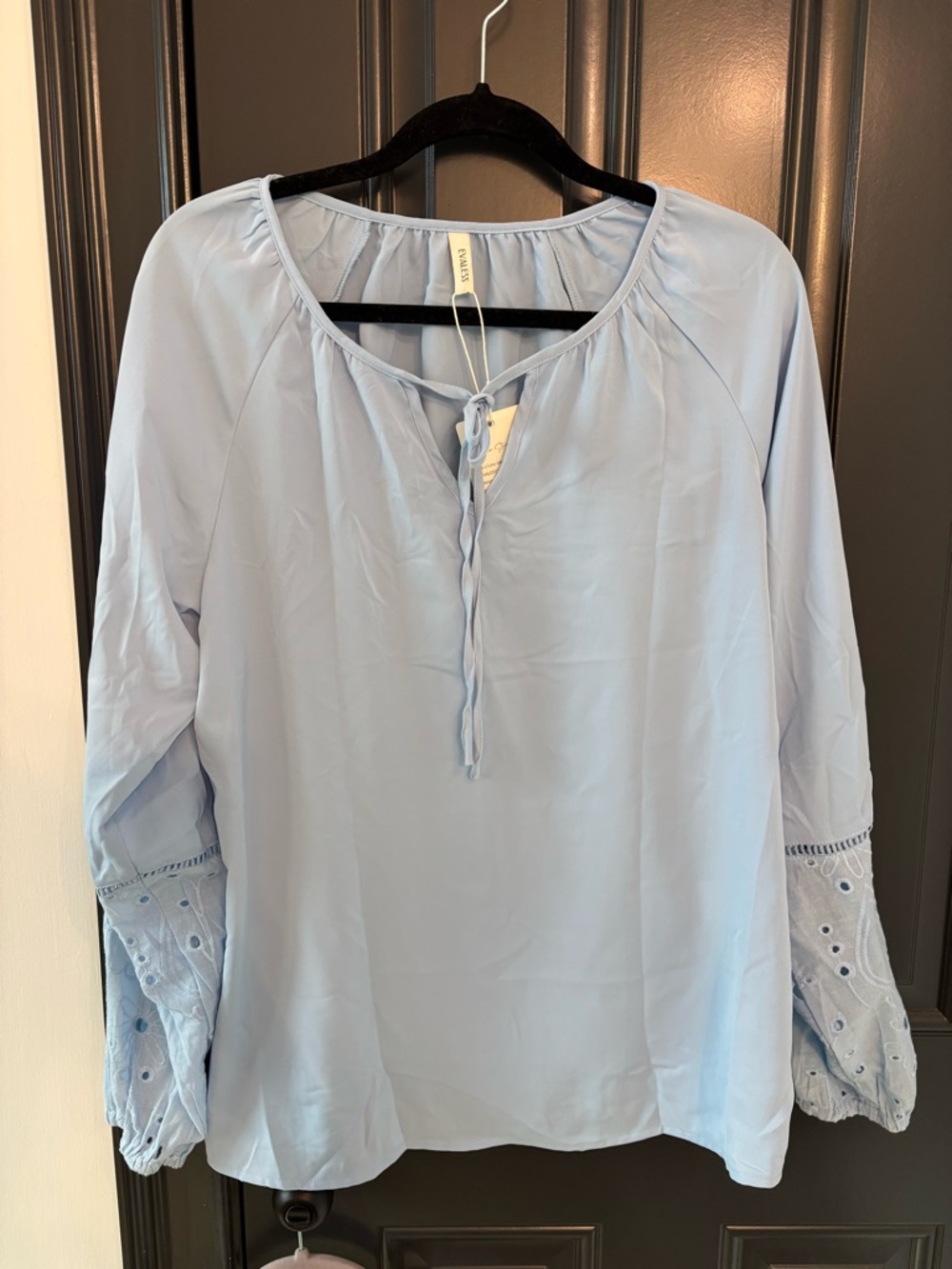 Light Blue Women's Peasant Blouse with Tie Neck